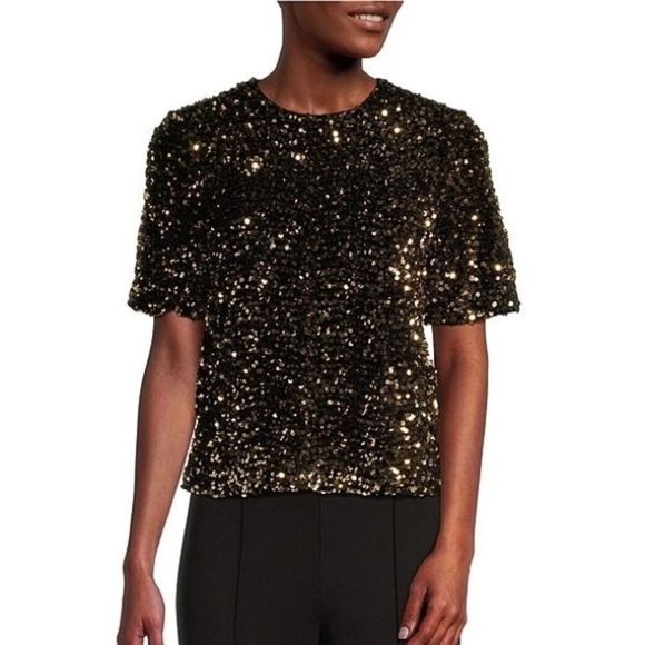 NWT Alex Marie Lia Gold Sequins Embroidered Crew Neck Short Sleeve Blouse Size S - Picture 1 of 11